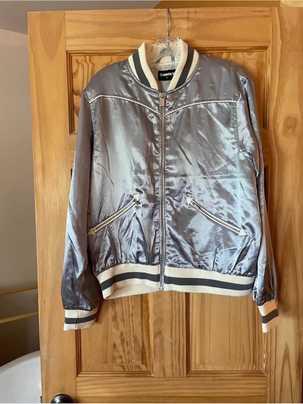 Hooey Silver Satin Bomber Jacket with Cream & Black Trim